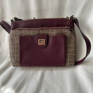 Anne Klein Lion Logo Signature Crossbody Bag-burgundy and tan